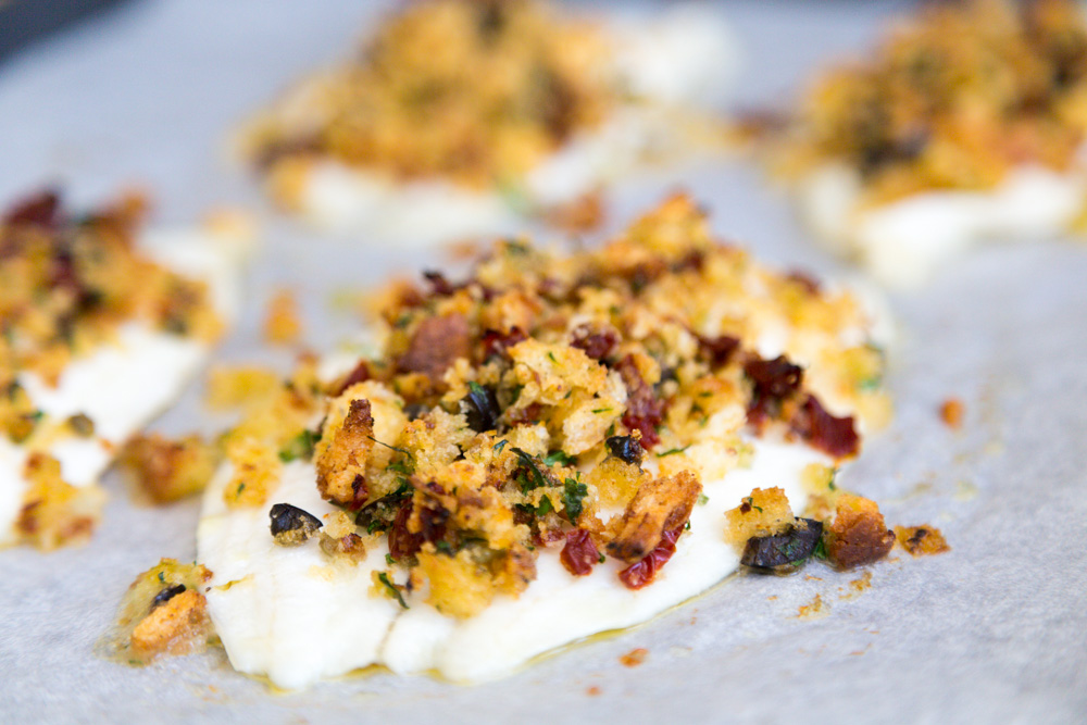 Sole with Sundried Tomato, Olive and Caper Breadcrumb Topping Recipe Sarah Sharratt