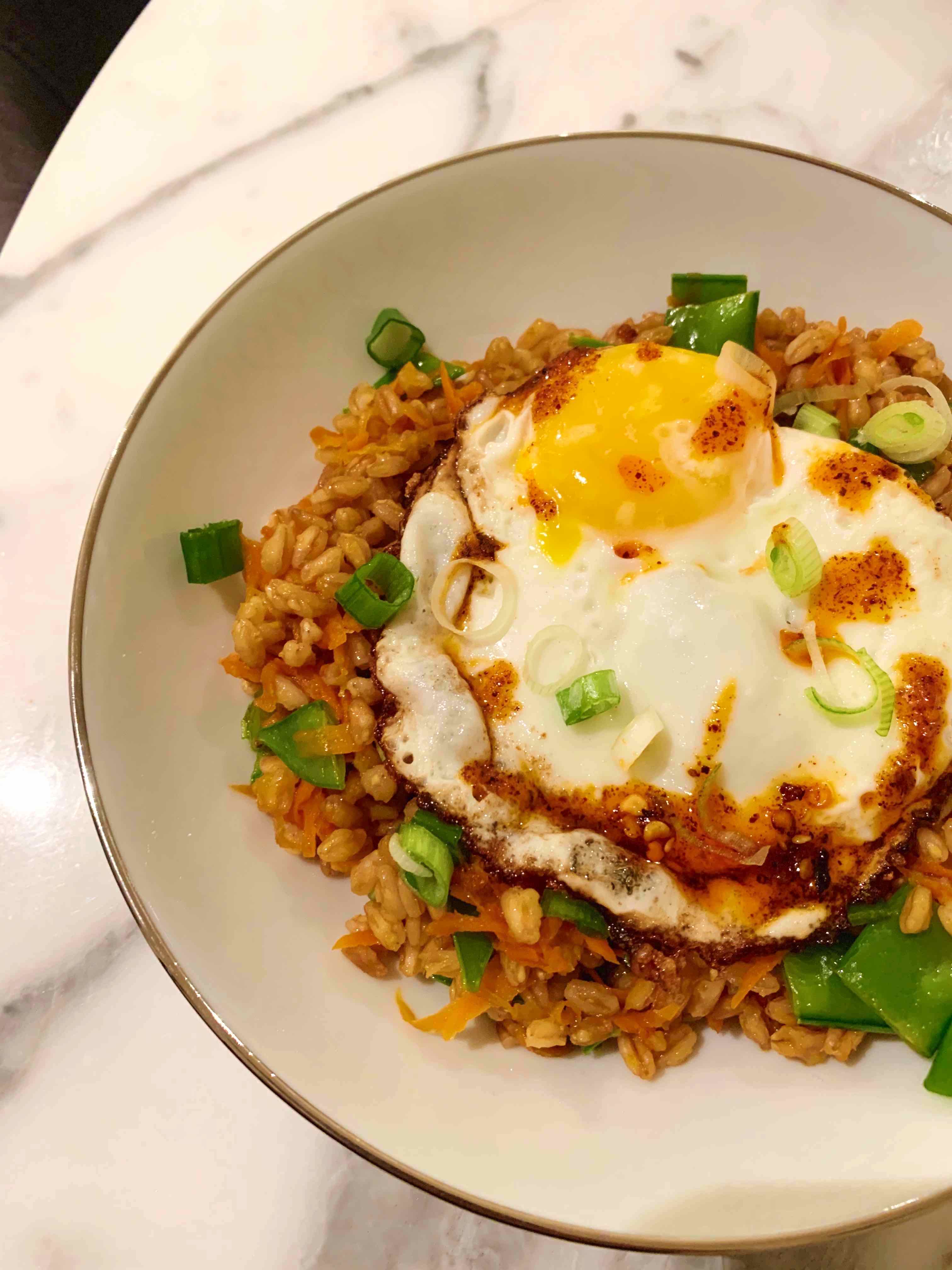 Asian Style Farro with Carrot and Snow Peas topped with an Egg | Sarah ...